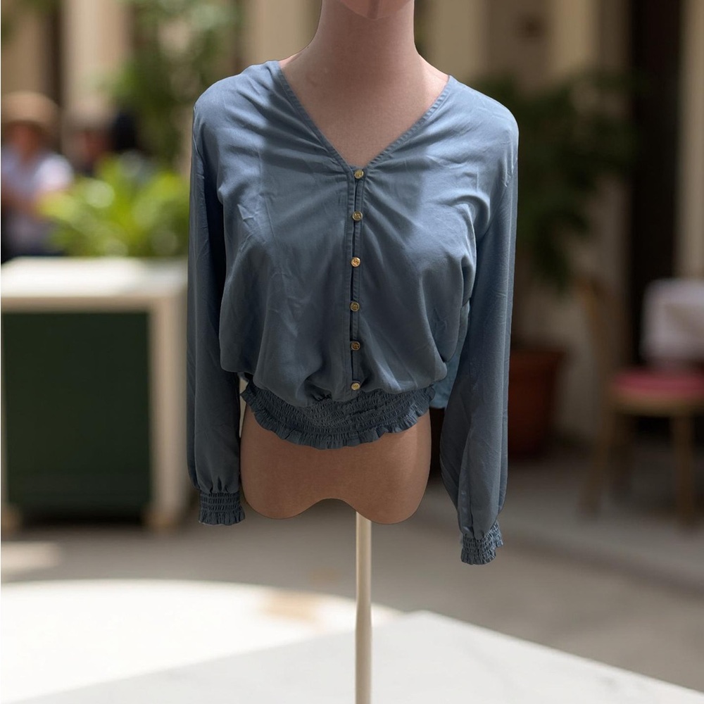 Michael Kors Cropped Blouse Women’s Size S/Petite Blue Elastic Hem Long Sleeve